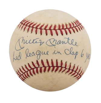Mickey Mantle Signed OAL Brown Baseball With One of a Kind "Led the League in Clap 6 Yrs" Inscription (JSA)